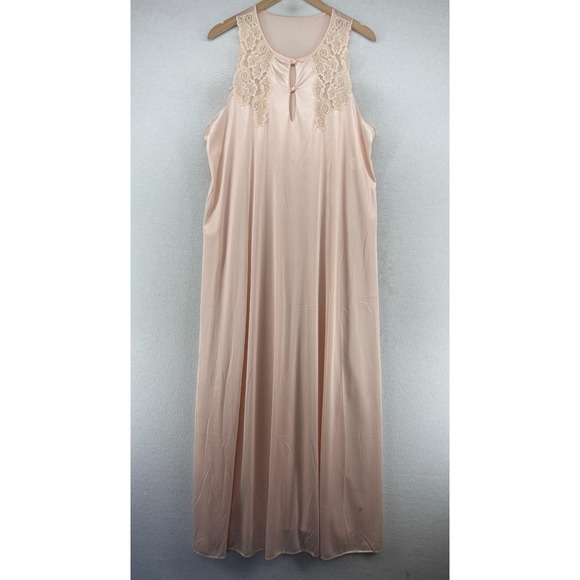 GOSSARD Nightgown 1X Plus Satin Nylon Lace Trim Maxi Slip Pink USA VTG - Picture 1 of 16